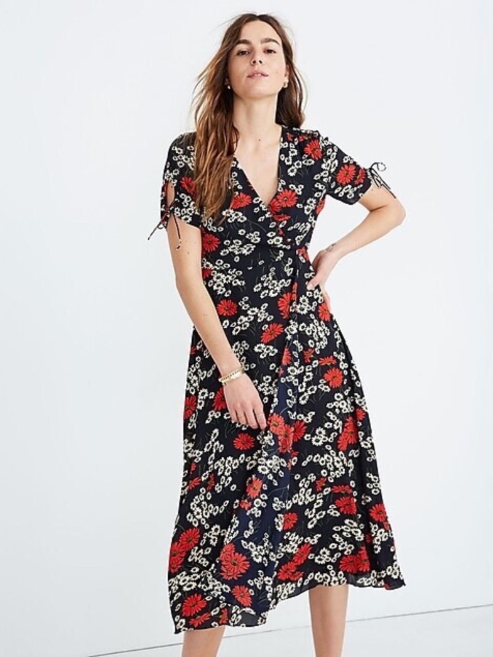 Madewell Hillside Daisies Midi Dress Faux Wrap Floral Navy 12